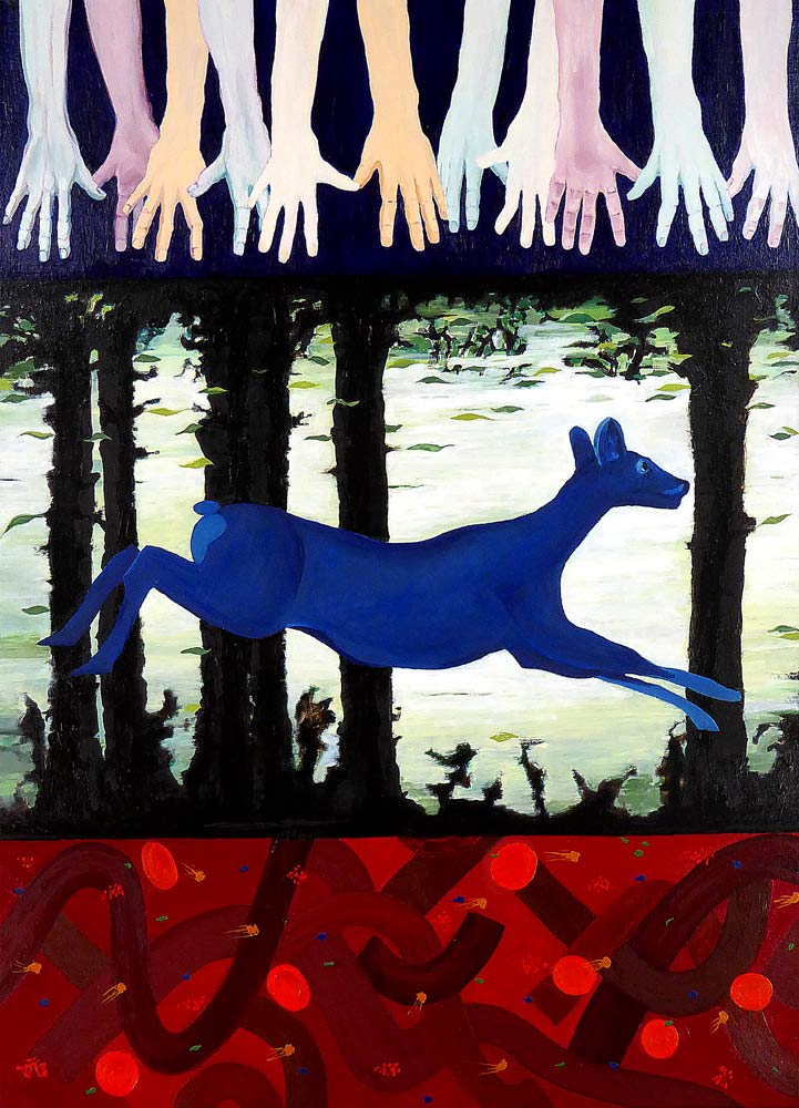 Tre delmotiver over hinanden. Et koloristisk maleri, hvor øverste motiv viser en række arme og hænder som strækker sig mod et usynligt mål. Midterbilledet er en hjort i spring mellem træer, og nederste billede viser en abstraktion over turbulent blod.