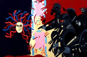 Maleriet viser Medusas ansigt med slangehår i venstre side af billedfeltet; i højre side ses hjelme-beklædte politisoldater med skydevåben. I midterfeltet ses et virvar af billedelementer som i et abstrakt maleri. Politifigurerne synes stivnet i bevægelsen fremad og Medusa skuler ondt imod dem.