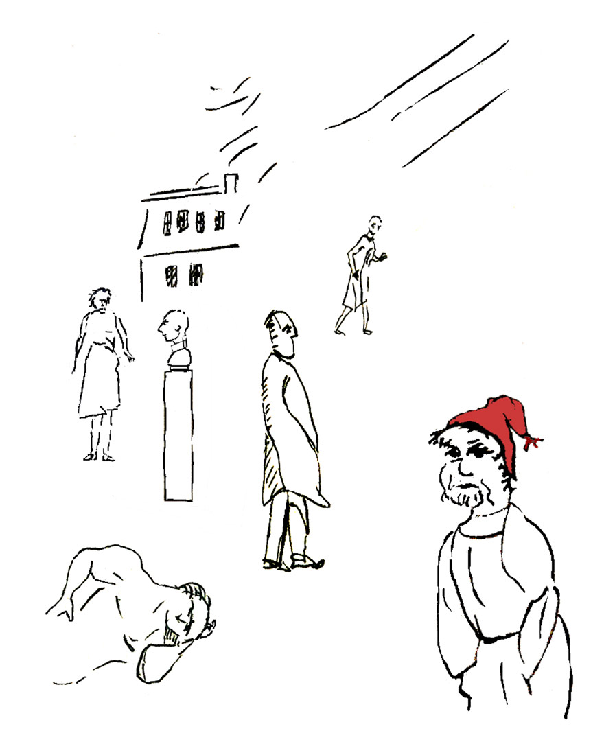 Juleliv er en tegning, som viser flere personer uden kontakt med hinanden. Attituderne markerer ensomhed. Selv personen med nissehue er alene og uden tegn på glæde.