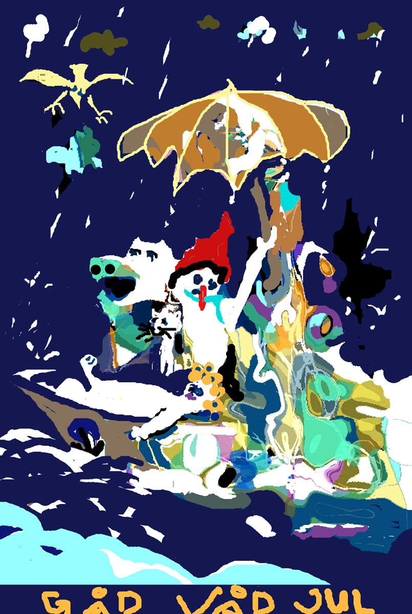 Gåd våd jul hentyder til vejret ved juletid 2019. Billedet viser en smeltende snemand i en båd med mennesker og dyr, og i toppen af masten er en paraply. Det er uvejr og båden synker.