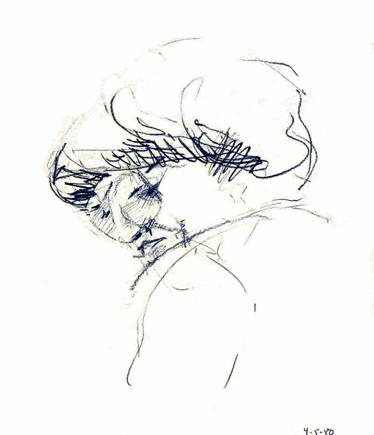 Blyanttegning som viser en kvinde, der ser sig tilbage over venstre skulder. Tegningen er croquis med skitsens friskhed i udtrykket.