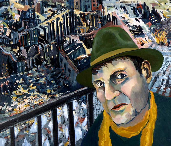 Maleriet viser en mands portræt med stetson hat. Han ser på beskueren og han er placeret højt i forhold til en del af en by, som er i ruiner.